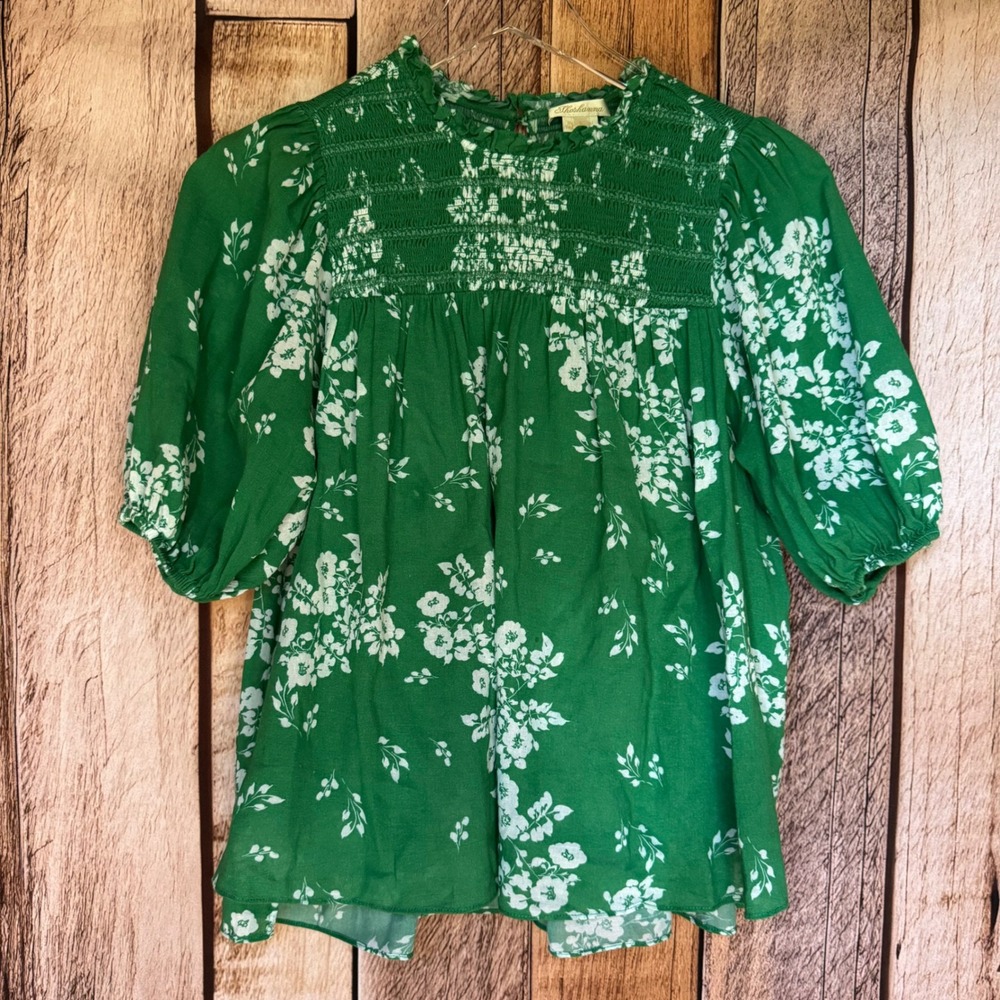 Shoshanna Smocked Floral Blouse Green White Cotton Puff Sleeve Top Size Small